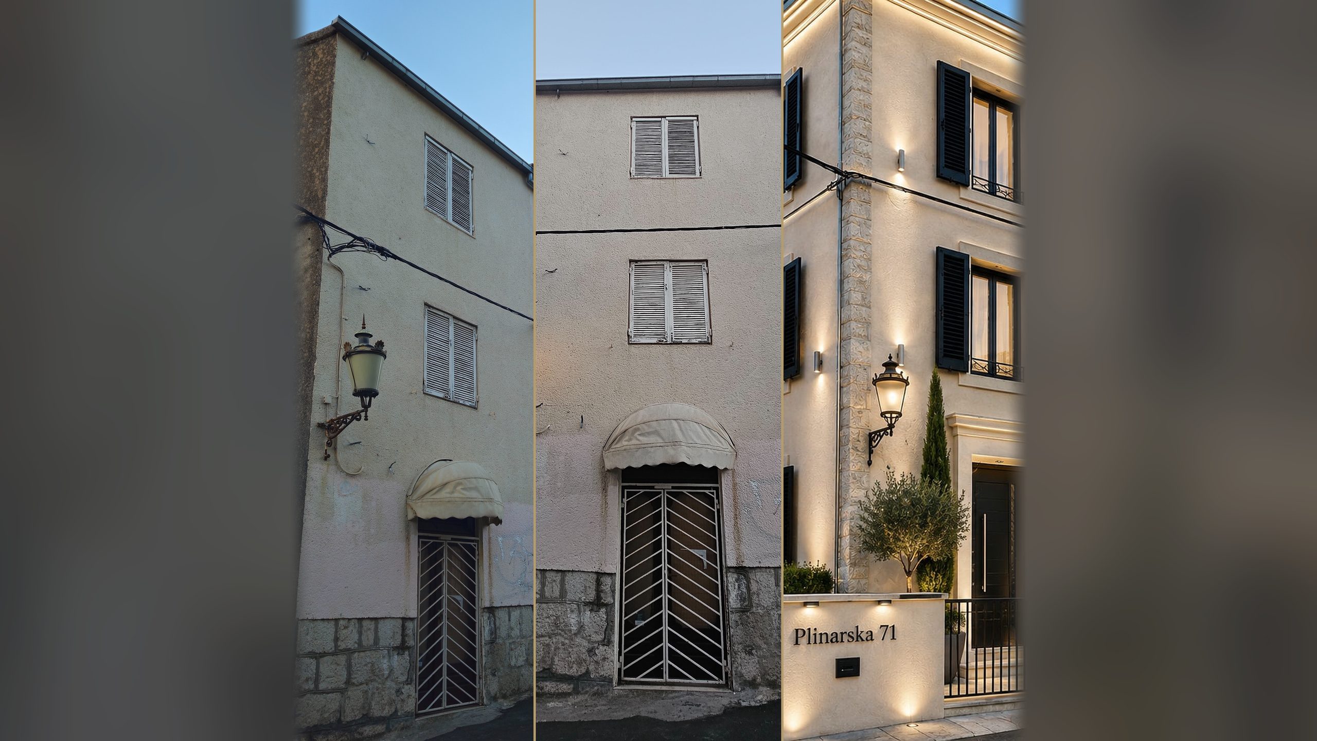 Prije i poslije: dvije fotografije kuće u sadašnjem stanju i vizualizacija obnovljene kuće